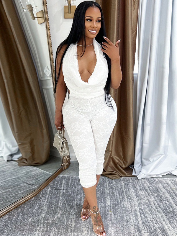 Salopetă fără mâneci cu decolteu rotund adânc, șiret pe spate și jacquard poliester