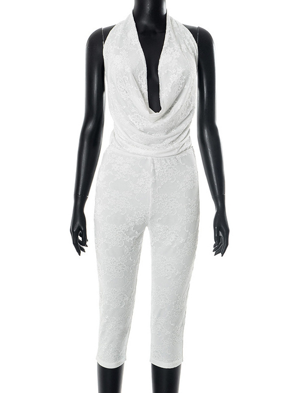 Salopetă fără mâneci cu decolteu rotund adânc, șiret pe spate și jacquard poliester