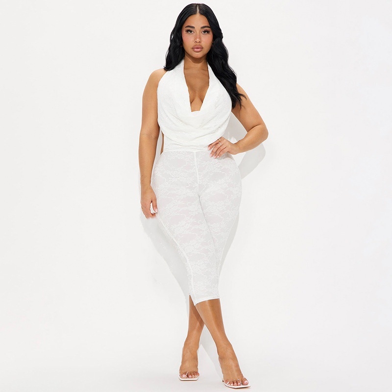 Salopetă fără mâneci cu decolteu rotund adânc, șiret pe spate și jacquard poliester