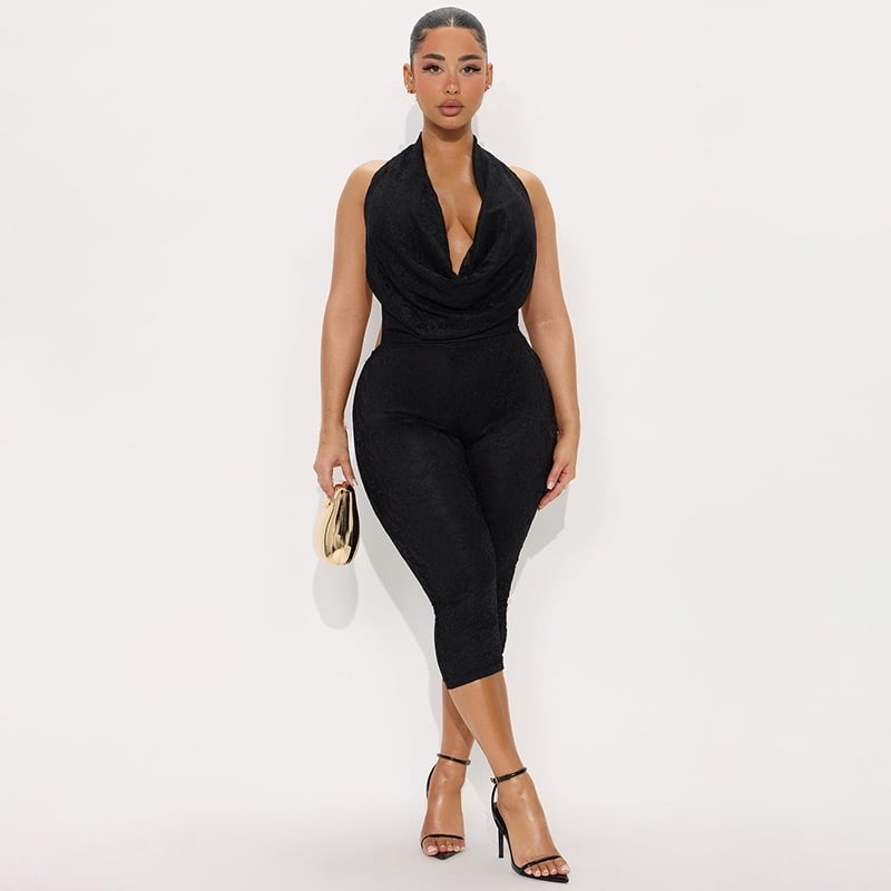 Salopetă fără mâneci cu decolteu rotund adânc, șiret pe spate și jacquard poliester