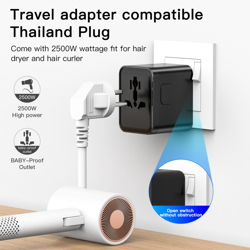 OULIYO Μετατροπέας ταξιδιού – EU/UK/US βύσματα, πολυλειτουργική πρίζα με USB, CE/FCC/ROHS πιστοποιημένο