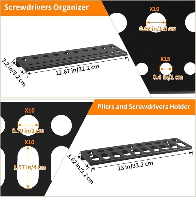 Organizator de unelte montat pe perete cu suport pentru șurubelnițe, clește și ciocan | Metal, 1 nivel, stil minimalist modern