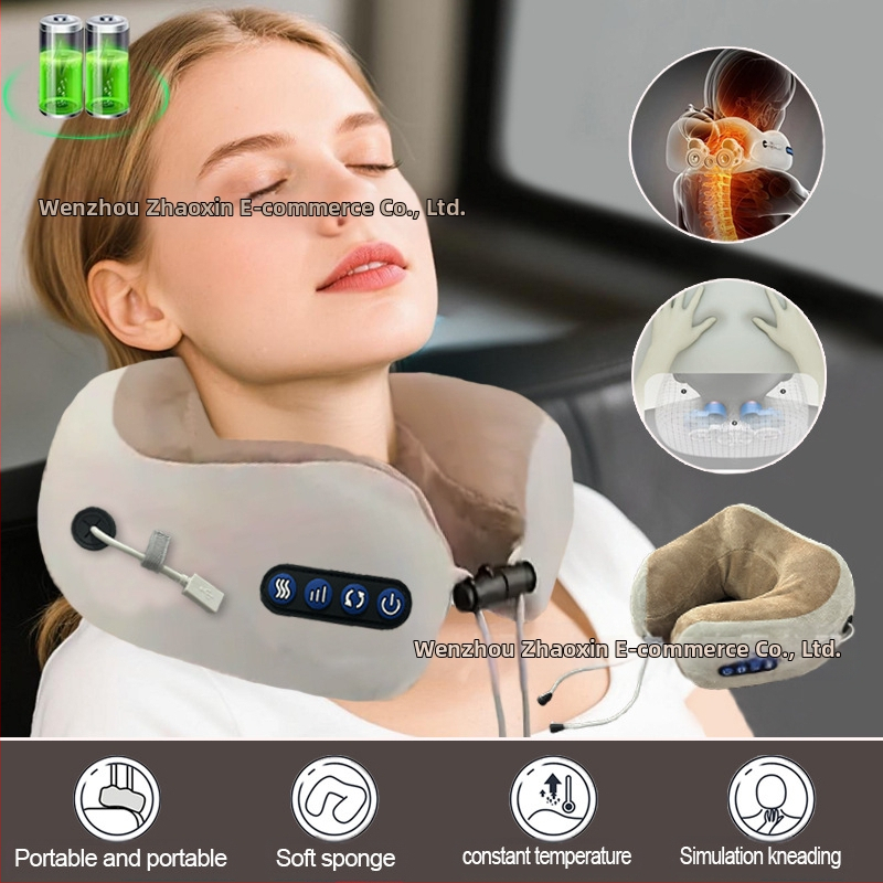 U-образна електрическа масажна възглавница за шията, с 2 масажни глави, 3 скорости, нагряване и месене, захранване чрез зареждане