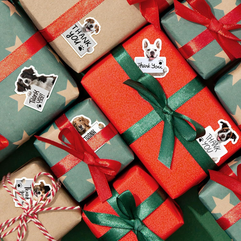 Ρολό αυτοκόλλητων με μορφή σκύλου – Ευχαριστήριο μήνυμα, PVC αυτοκόλλητο, Ακανόνιστο σχήμα, Κόλλα θερμής τήξης, Διαμορφώσιμο, 500 τεμάχια, DIY συσκευασία δώρου