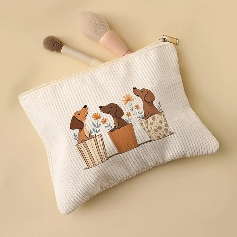 Geantă de machiaj din Corduroy, imprimeu cu animale și flori, căptușeală din fibre de polyester, respirabilă, ultra ușoară, extensibilă