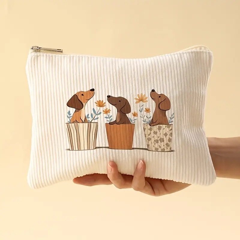 Geantă de machiaj din Corduroy, imprimeu cu animale și flori, căptușeală din fibre de polyester, respirabilă, ultra ușoară, extensibilă