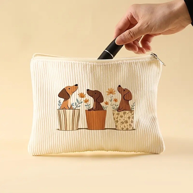Geantă de machiaj din Corduroy, imprimeu cu animale și flori, căptușeală din fibre de polyester, respirabilă, ultra ușoară, extensibilă
