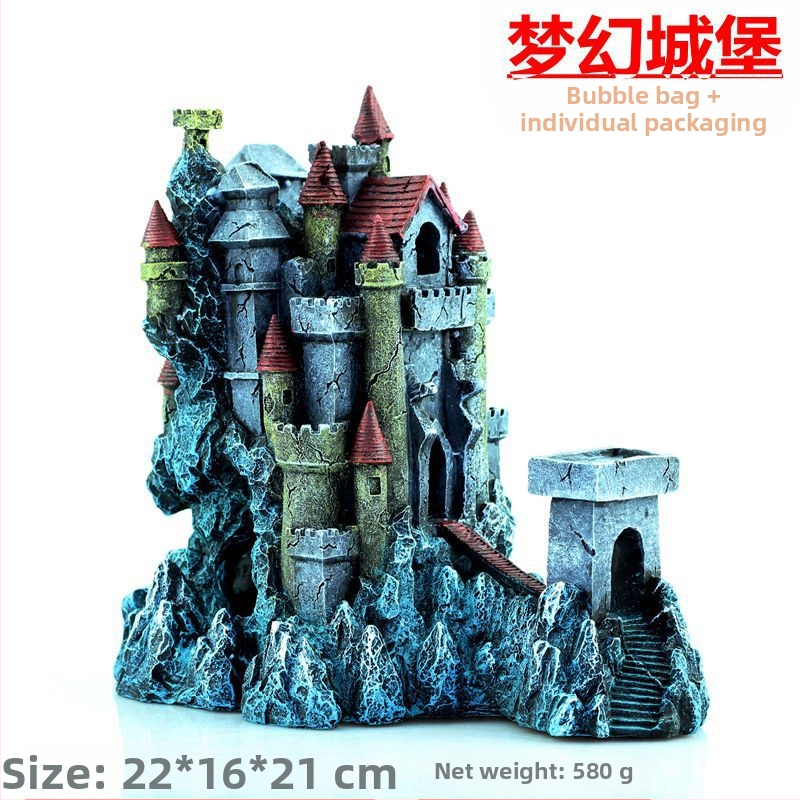 Ruiqi živicová dekorácia pre akvárium – Snový hradný dom pre úkryt rýb (Materiál: Živica; Pôvod: Šanghaj; Hlavný účel: Akvárium; Funkcia: Úkryt; Hmotnosť: 580 g)