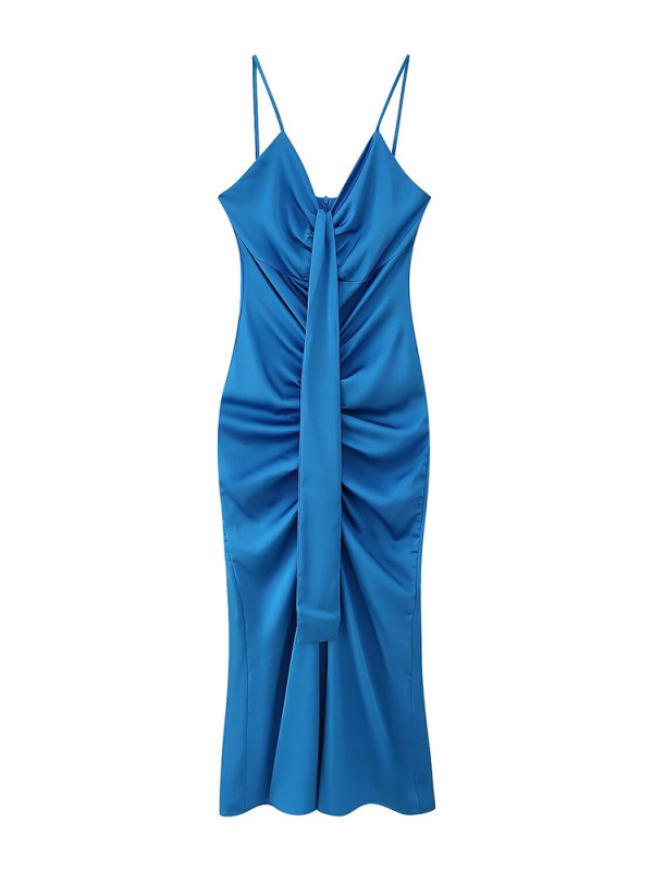 Ilga kleita ar siksnām, V-veida dekolte, augsts viduklis, siksnu stilam ikdienas braucieniem