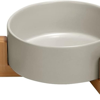 Κεραμικό μπολ γάτας με ενσωματωμένο ξύλινο πλαίσιο, διπλό μπολ, αντιολισθητικό, αντιανατροπή — μάρκα huachuang, κωδικός 011, για κατοικίδια