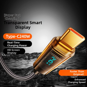 Type-C 240W καλώδιο δεδομένων με ψηφιακή οθόνη γρήγορης φόρτισης, μονό βύσμα, ύφασμα πλεκτό, για Huawei, Xiaomi και Apple κινητά και φορητούς υπολογιστές