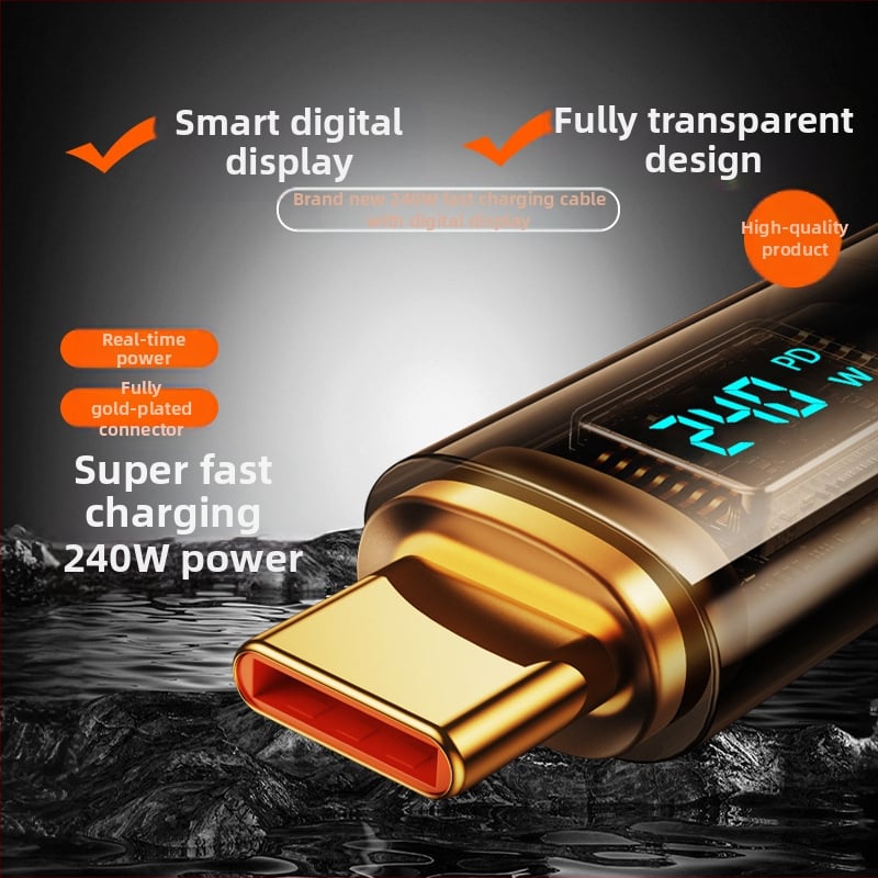 Type-C 240W καλώδιο δεδομένων με ψηφιακή οθόνη γρήγορης φόρτισης, μονό βύσμα, ύφασμα πλεκτό, για Huawei, Xiaomi και Apple κινητά και φορητούς υπολογιστές