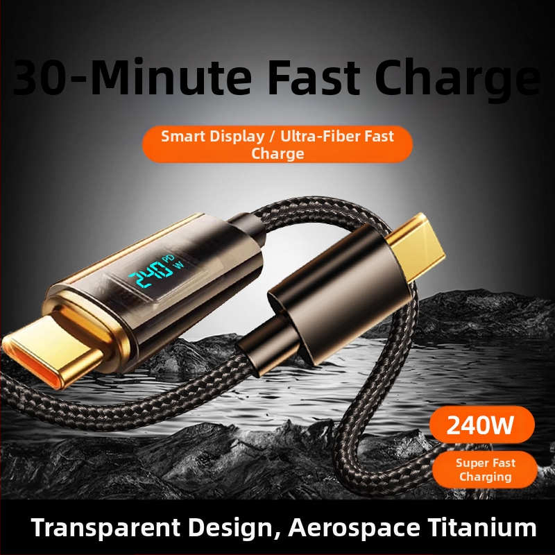Type-C 240W kábel s digitálnym displejom pre rýchle nabíjanie, jednopólový konektor, tkaný materiál, pre Huawei, Xiaomi a Apple telefóny a notebooky