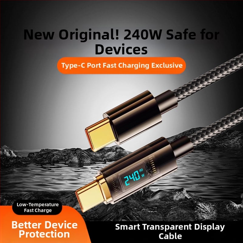 Type-C 240W καλώδιο δεδομένων με ψηφιακή οθόνη γρήγορης φόρτισης, μονό βύσμα, ύφασμα πλεκτό, για Huawei, Xiaomi και Apple κινητά και φορητούς υπολογιστές