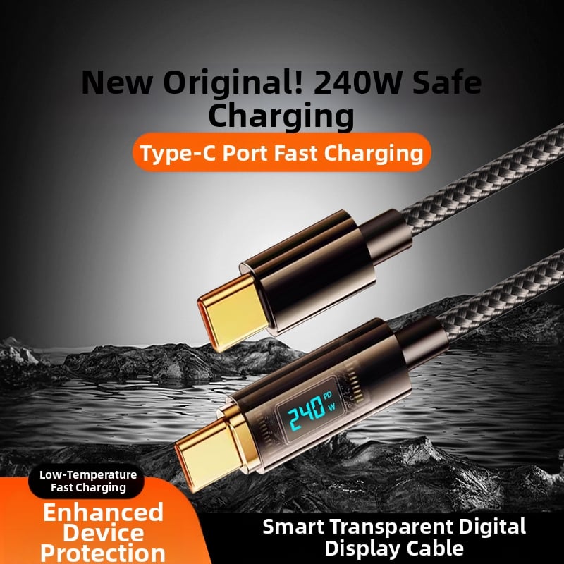 Type-C 240W καλώδιο δεδομένων με ψηφιακή οθόνη γρήγορης φόρτισης, μονό βύσμα, ύφασμα πλεκτό, για Huawei, Xiaomi και Apple κινητά και φορητούς υπολογιστές