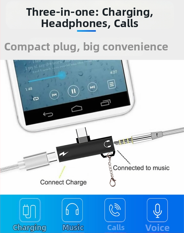 Type-C adaptér pre slúchadlá s 3,5 mm zvukovým výstupom a USB-C nabíjaním pre telefóny s jedným portom Type-C