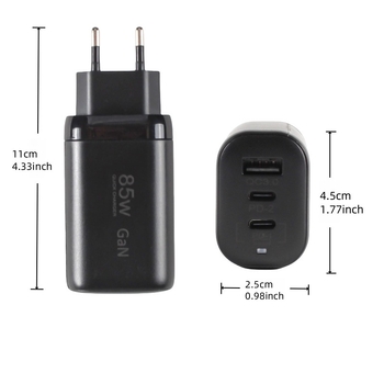 Încărcător PD85W GaN USB-C, cu 3 porturi, Intrare 110-240V, Ieșire 0.5-12V, OEM disponibil