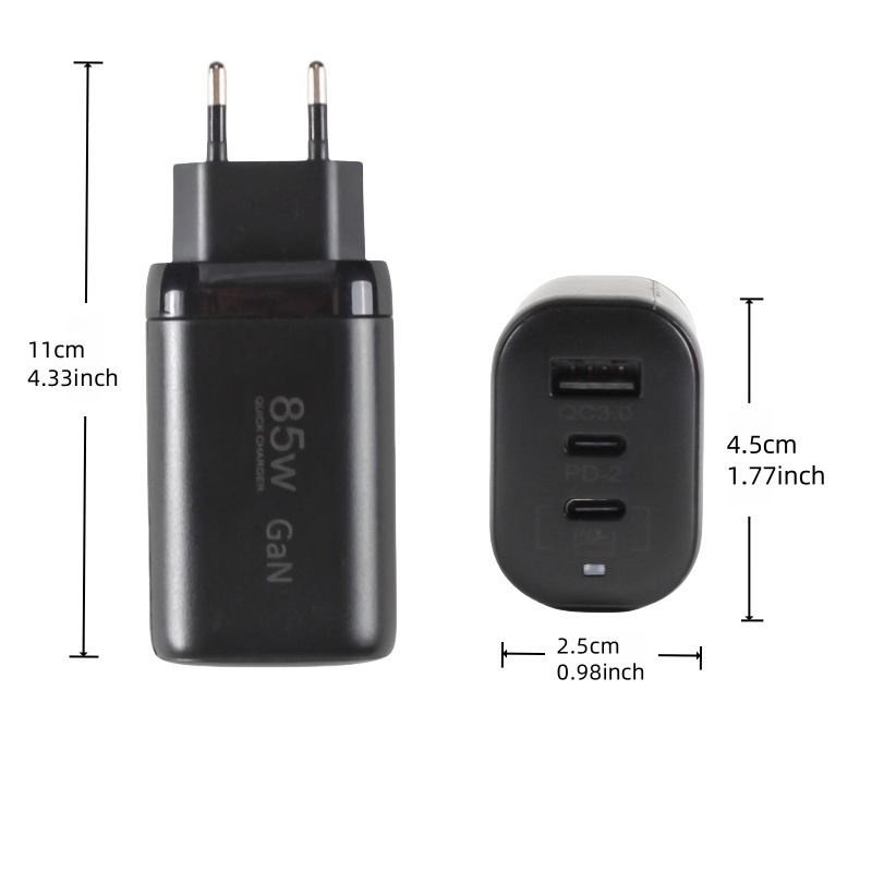 Încărcător PD85W GaN USB-C, cu 3 porturi, Intrare 110-240V, Ieșire 0.5-12V, OEM disponibil