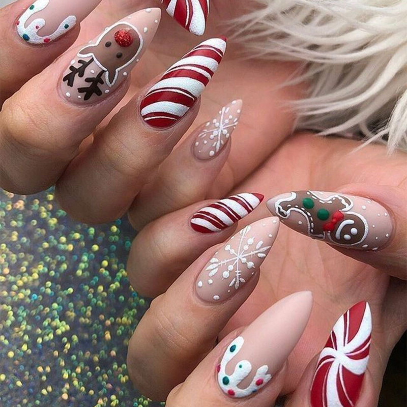 Αυτοκόλλητα νυχιών: χριστουγεννιάτικος καρό μπισκότο-άνθρωπος, στυλ Instagram, φοριέται, σε ευρωπαϊκό και αμερικανικό στυλ, γιορτινά νύχια