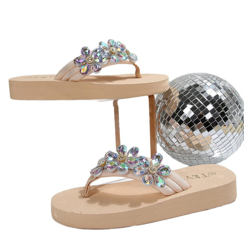 Sieviešu sandales ar kvadrātveida purnu, franču stilā, ar ziedu un kristālu rotu, caurspīdīga bieza zole, PU augšdaļa, EVA zole.