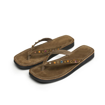 Sandale thong din piele de vită, partea superioară cu finisaj frosted, decor cu nituri cu cristale și talpă groasă din material compozit, stil coreean