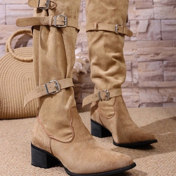 Дамски велурени ботуши за езда, с остър нос, висока горна част, среден ток 3-5 см