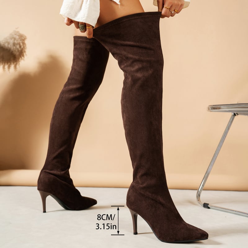 Ceļgalu zābaki ar purngalu, zamšā virsējais apdare, plāns papēdis 6-8 cm, Slip-On