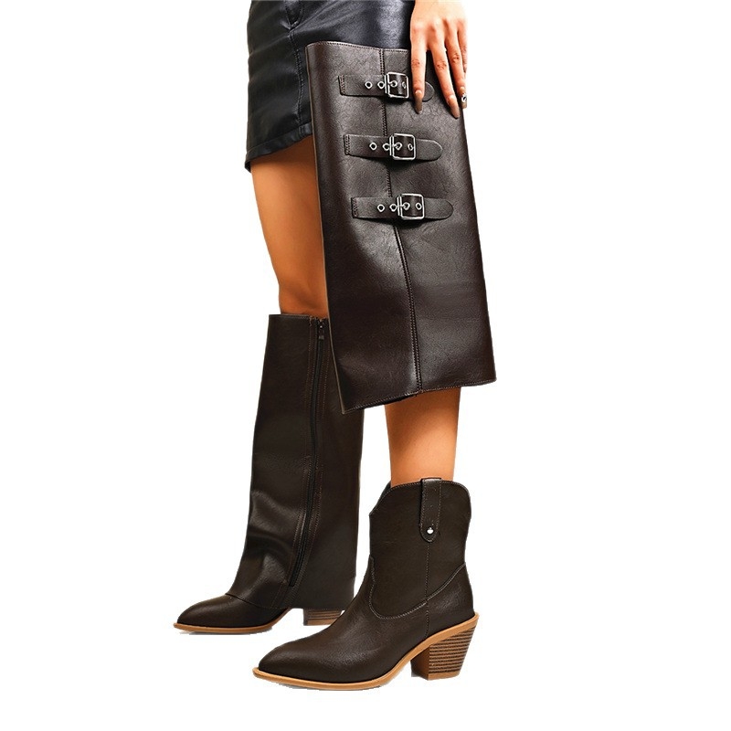 Cizme PU până la genunchi pentru femei, vârf ascuțit, toc gros 6–8 cm, gambă înaltă