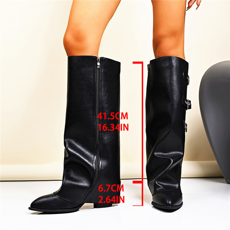 Cizme PU până la genunchi pentru femei, vârf ascuțit, toc gros 6–8 cm, gambă înaltă