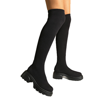 Slim bateliai virš kelių, apvalus pirštas, 6–8 cm storas kulnas, užsivelkamas, viršus iš audinio