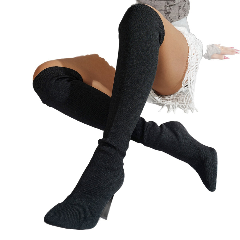 Cizme până la genunchi din velur, vârf ascuțit, toc gros, fără fermoar