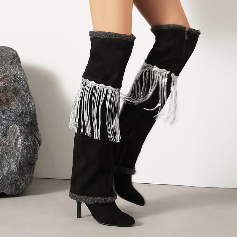 Cizme peste Genunchi cu vârf ascuțit, căptușite cu blană artificială, toc mediu 3–5 cm, partea superioară din PU artificial