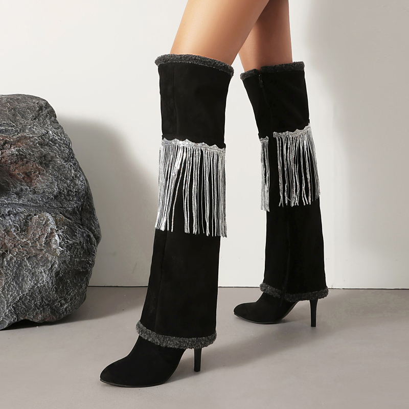 Cizme peste Genunchi cu vârf ascuțit, căptușite cu blană artificială, toc mediu 3–5 cm, partea superioară din PU artificial