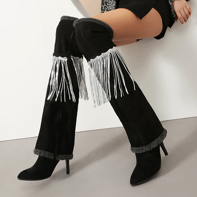 Cizme peste Genunchi cu vârf ascuțit, căptușite cu blană artificială, toc mediu 3–5 cm, partea superioară din PU artificial