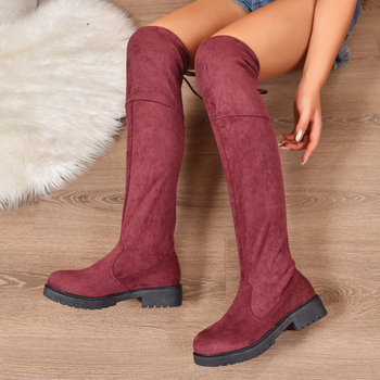 Cizme peste genunchi pentru femei, partea superioară din velur, înălțime înaltă, vârf rotund, toc gros, închidere cu șiret și fermoar lateral