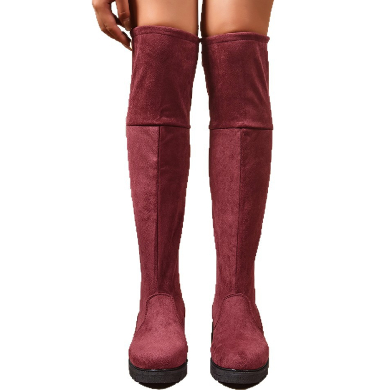 Cizme peste genunchi pentru femei, partea superioară din velur, înălțime înaltă, vârf rotund, toc gros, închidere cu șiret și fermoar lateral