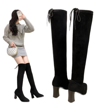 Ghete tip șosetă din velur, vârf ascuțit, toc gros 6–8 cm, gambă înaltă, stil pull-on