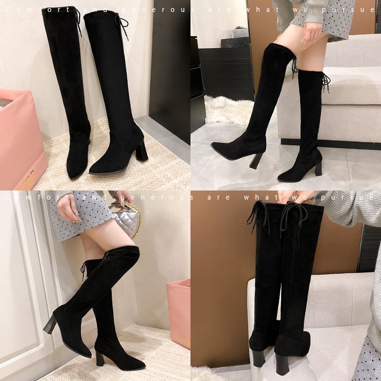 Ghete tip șosetă din velur, vârf ascuțit, toc gros 6–8 cm, gambă înaltă, stil pull-on