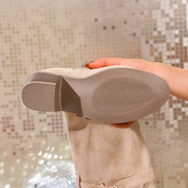 Modes zābaki virs ceļgala no nubukā ādas, apaļš purns, plats papēdis, pull-on