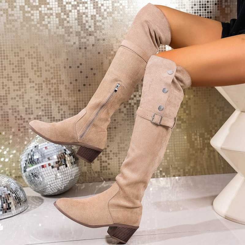 Modes zābaki virs ceļgala no nubukā ādas, apaļš purns, plats papēdis, pull-on