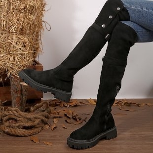 Botine de damă - Velur; talpă din cauciuc; Înălțime toc 6–8 cm; Peste genunchi; Fermoar pe lateral (Velur; Talpă din cauciuc; Toc 6–8 cm; Peste genunchi; Fermoar pe lateral)