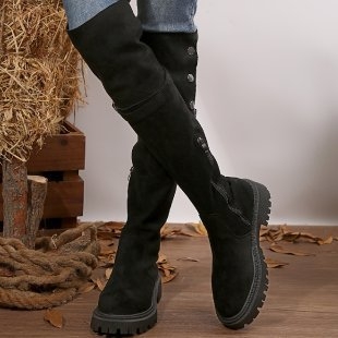 Botine de damă - Velur; talpă din cauciuc; Înălțime toc 6–8 cm; Peste genunchi; Fermoar pe lateral (Velur; Talpă din cauciuc; Toc 6–8 cm; Peste genunchi; Fermoar pe lateral)