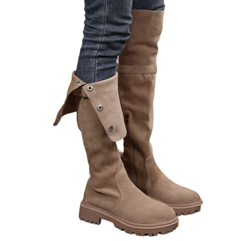 Botine de damă - Velur; talpă din cauciuc; Înălțime toc 6–8 cm; Peste genunchi; Fermoar pe lateral (Velur; Talpă din cauciuc; Toc 6–8 cm; Peste genunchi; Fermoar pe lateral)