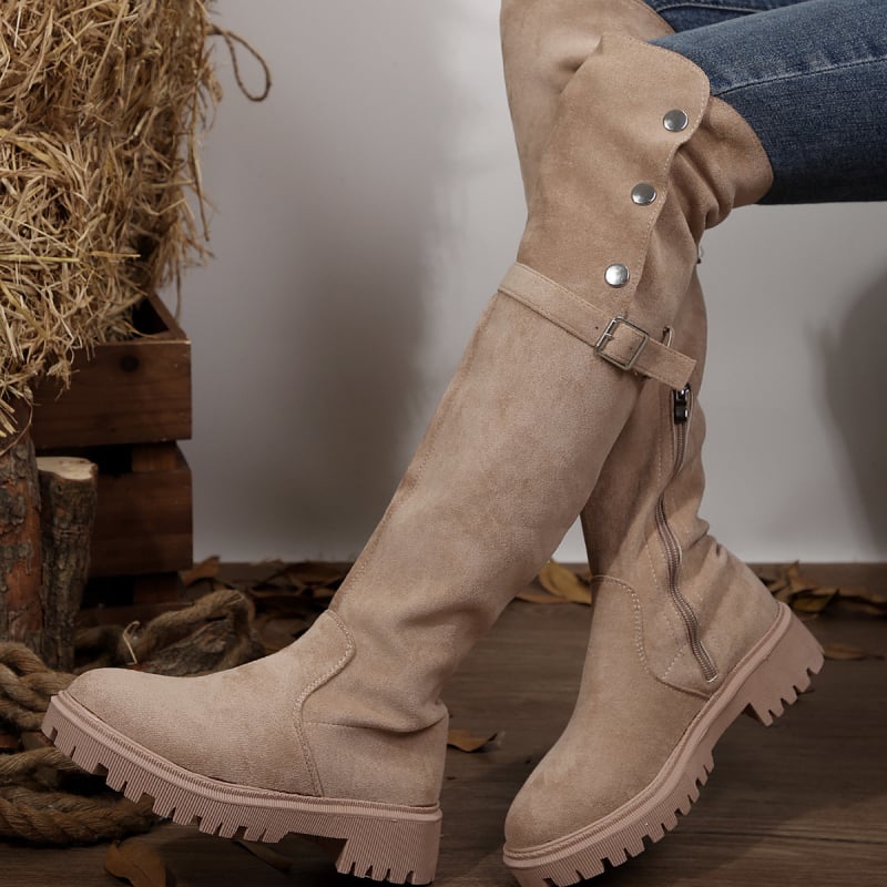 Botine de damă - Velur; talpă din cauciuc; Înălțime toc 6–8 cm; Peste genunchi; Fermoar pe lateral (Velur; Talpă din cauciuc; Toc 6–8 cm; Peste genunchi; Fermoar pe lateral)