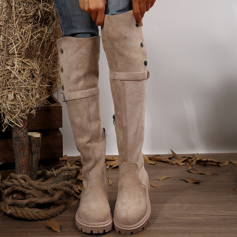 Botine de damă - Velur; talpă din cauciuc; Înălțime toc 6–8 cm; Peste genunchi; Fermoar pe lateral (Velur; Talpă din cauciuc; Toc 6–8 cm; Peste genunchi; Fermoar pe lateral)