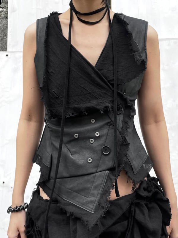 Vesta fără mâneci din PU piele cu guler patchwork, închidere cu un singur nasture, croială Slim, lungime normală