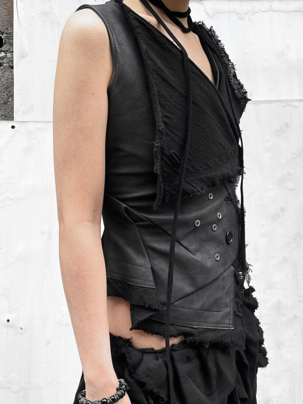 Vesta fără mâneci din PU piele cu guler patchwork, închidere cu un singur nasture, croială Slim, lungime normală