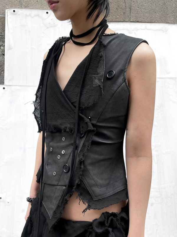 Vesta fără mâneci din PU piele cu guler patchwork, închidere cu un singur nasture, croială Slim, lungime normală