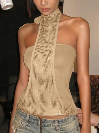 Halterio kaklo viršus su rhinestone dekoru - dryžuotas korduro audinys, laisvas kirpimas, pavasaris 2025