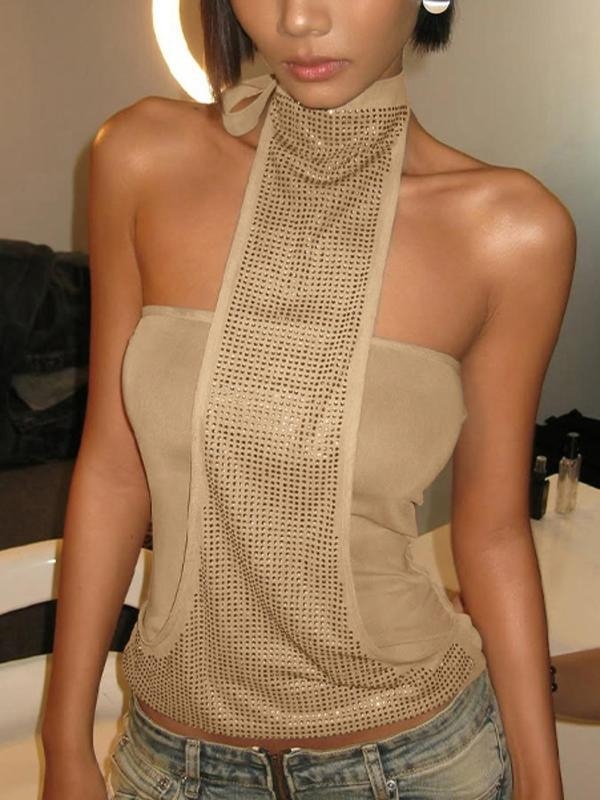 Halterio kaklo viršus su rhinestone dekoru - dryžuotas korduro audinys, laisvas kirpimas, pavasaris 2025